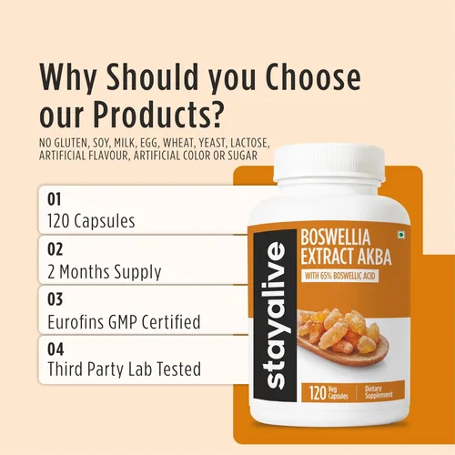 Miniatura 5 de STAY ALIVE Boswellia Serrata - Cápsulas de extracto de 1000 mg con AKBA y 65% de ácido boswélico, extracto de resina en polvo 12:1, 120