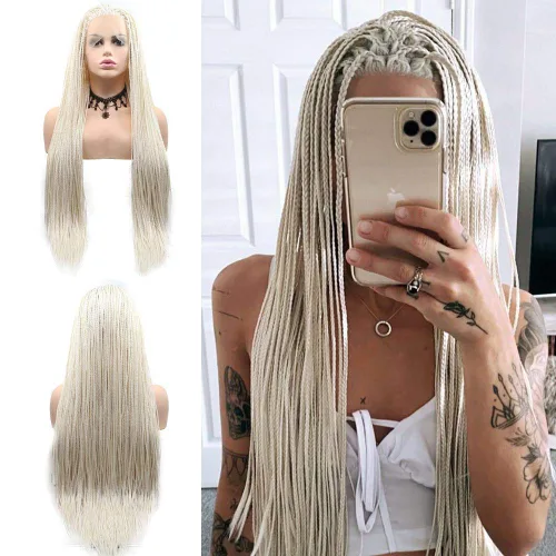 Miniatura 10 de Pelucas trenzadas azules con encaje frontal para mujeres negras, con micro trenzas trenzadas, color degradado, menta, verde, azul, morado, peluca