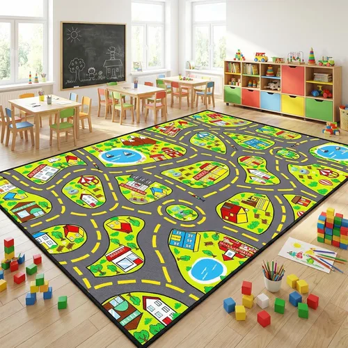 Miniatura 14 de Alfombra de juego para niños (2.6 x 5 pies), 2 unidades, alfombra de carretera para niños, alfombra de mapa de ruta de la ciudad, alfombra
