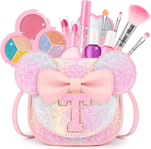 Miniatura 10 de Kit de maquillaje para niñas – Juego de maquillaje lavable real de 15 piezas – Cosmético no tóxico para niños pequeños con bolso de letras – Regalos