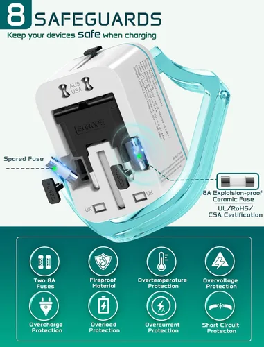 Miniatura 6 de Adaptador de viaje universal en todo el mundo, adaptador de enchufe de viaje europeo TECSIX con 2 USB C, 2 USB A y múltiples salidas de CA, Negro