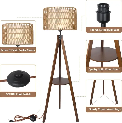 Miniatura 4 de LAMSU Lámpara de pie con trípode bohemio con estantes, lámpara de pie de madera de mediados de siglo con pantallas de ratán y tela, interruptor