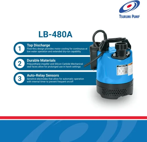 Miniatura 3 de Tsurumi Pump Bomba de deshidratación sumergible LB-480A - Interruptor de relé automático 2/3 HP 115V 2 pulgadas de descarga Para aplicaciones