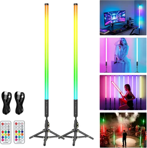 LUXCEO Paquete de 2 barras de luz de tubo RGB (2.8 pies) con soporte, varilla de luz LED de video alimentada por batería para DJ y fotografía