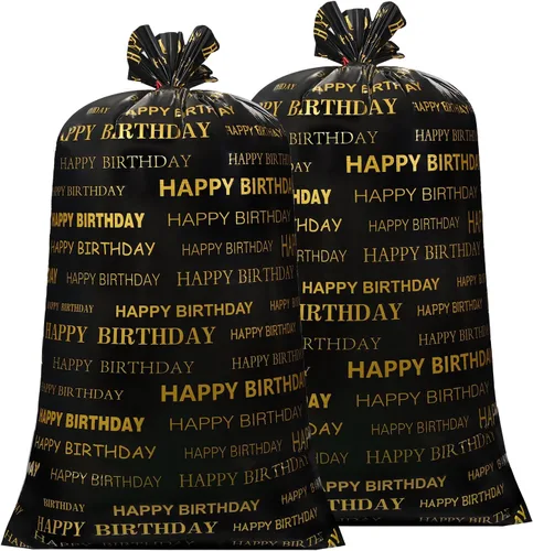 Leinuosen 2 bolsas de regalo grandes de 70 pulgadas, color negro y dorado, bolsas de regalo de plástico de gran tamaño con cuerdas para fiestas de