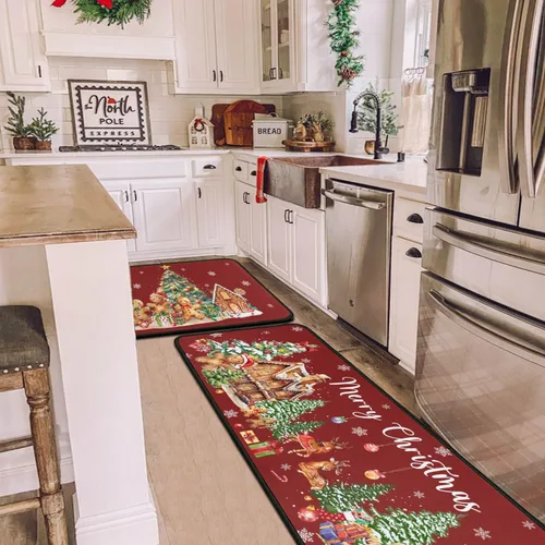Miniatura 4 de Juego de 2 alfombras de cocina de Navidad, muñeco de nieve, árbol de Navidad, antideslizantes, lavables, decoración de cocina de invierno y Navidad