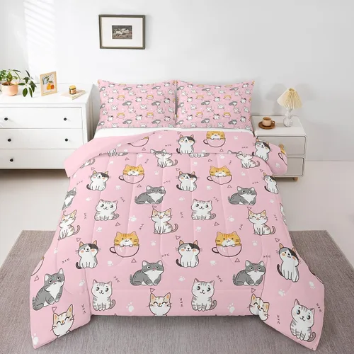 Miniatura 33 de Erosebridal Lindo juego de edredón de gato, tamaño individual, kawaii, fresa, juego de ropa de cama para niñas, diseño de arco iris, edredón rosa
