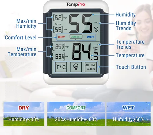 Miniatura 7 de ThermoPro TP55 - Higrómetro digital de interior, termómetro de 4 pulgadas con pantalla táctil y retroiluminación, termómetro de habitación / medidor