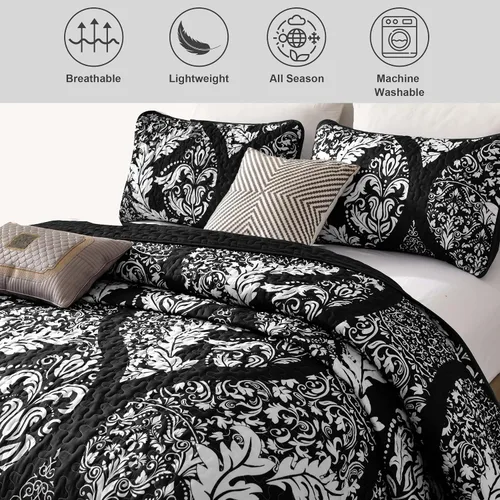 Miniatura 4 de DJY Juego de edredón negro tamaño Queen, juego de colcha de damasco bohemio, juego de ropa de cama de microfibra suave y ligera de 3 piezas