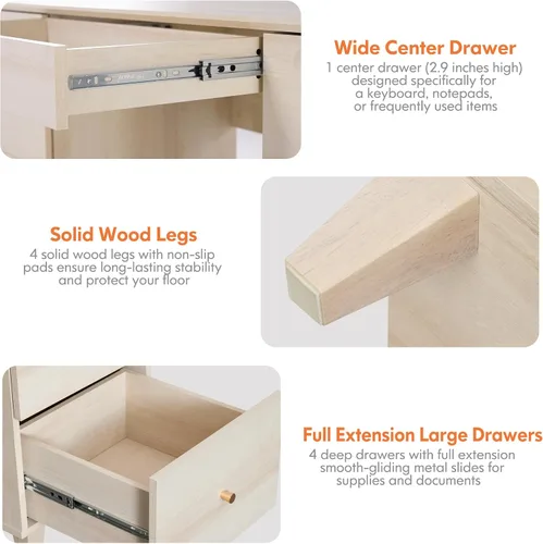 Miniatura 4 de WAMPAT - Escritorio de madera de 58 pulgadas con 4 cajones profundos y estación de carga, roble claro Modern Executive Desk with Keyboard Storage