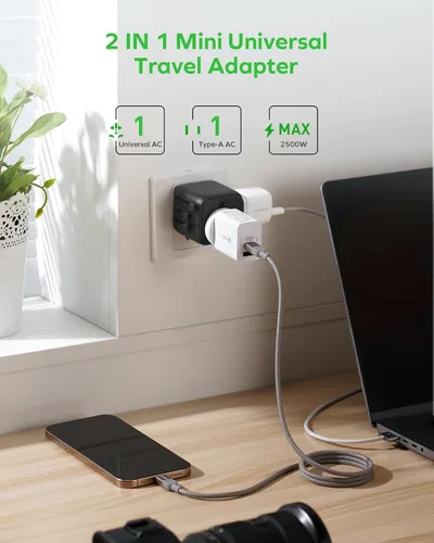Miniatura 3 de MOMAX Mini Adaptador Universal de Viaje Mundial, 2 AC, Adaptador de Enchufe de Viaje Europeo Completo Reino Unido, Elementos Esenciales de Viaje