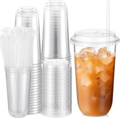 Miniatura 8 de Ziliny 50 juegos de vasos de plástico transparente con tapas y pajitas, vasos desechables para café helado a granel PET para vino, cóctel, batido