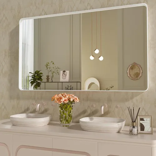 Miniatura 49 de WEER - Espejo de baño dorado, espejo de 40x32 pulgadas con marco de metal dorado cepillado, espejo de tocador de baño de oro para pared