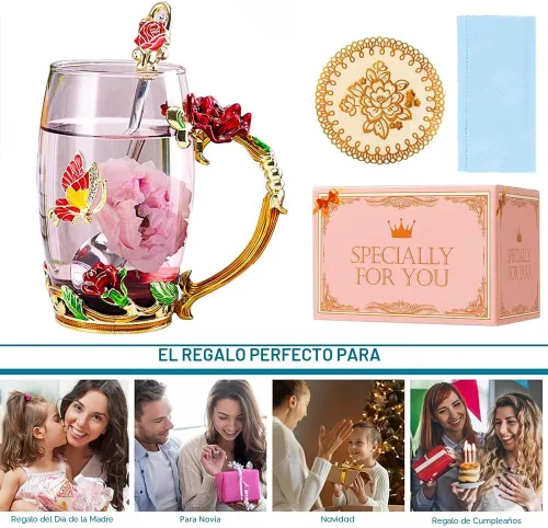 Miniatura 5 de Regalos de Cumpleaños para Mujeres, Taza de Té de Vidrio con Flor de Mariposa Esmaltada Taza de Café Roja Rosa, Regalos Lindos para Mamá Abuela Rojo