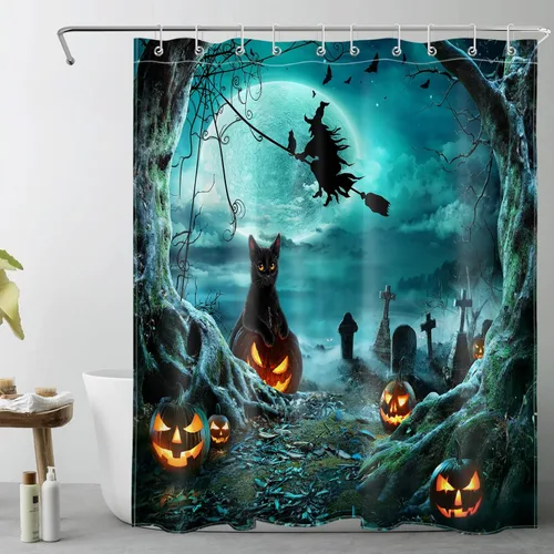 Miniatura 21 de LB Cortina de ducha espeluznante de Halloween, árbol muerto espeluznante con tela de araña de murciélago, cortina de ducha de baño con temática