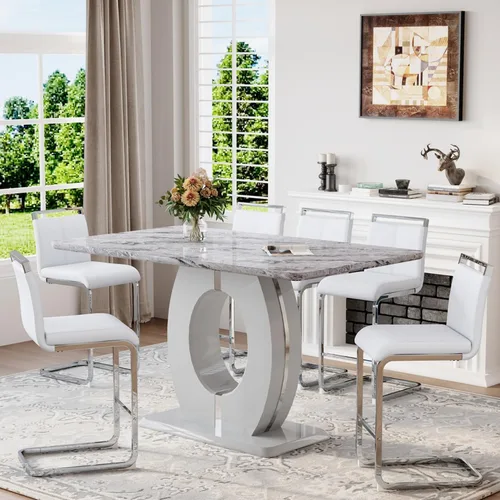 Miniatura 15 de Juego de mesa de comedor de mármol de 63 pulgadas para 6, moderno juego de mesa de comedor de altura de mostrador, mesa alta gris con taburetes
