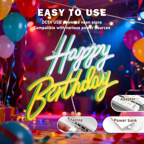 Miniatura 6 de Letrero de neón de feliz cumpleaños, letrero de neón para decoración de pared, luz de neón regulable alimentada por USB, letrero LED de feliz