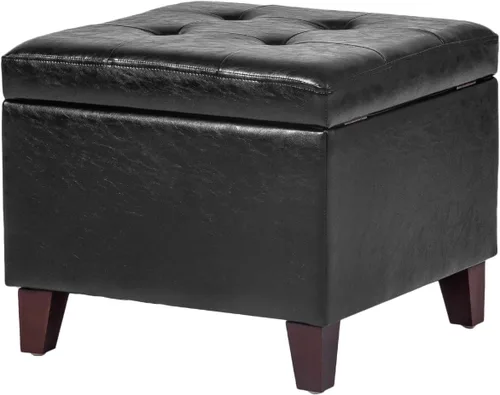 Miniatura 11 de Adeco Otomana moderna de cuero con ruedas, otomana cuadrada negra rodante de 18.8" con almacenamiento, taburete de tocador tapizado acolchado
