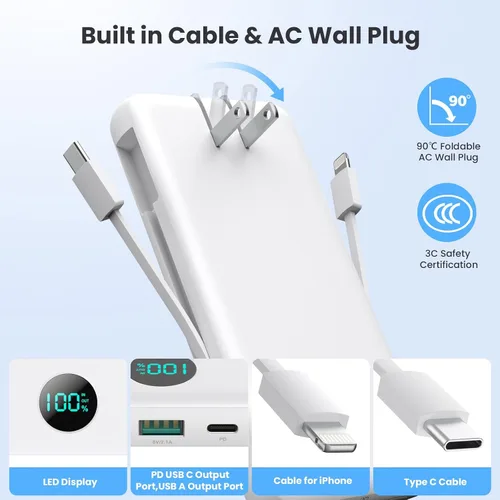 Miniatura 7 de Cargador Portátil 33800mAh Banco de Energía USB C con Cables Integrados y Enchufe de Pared CA, Carga Rápida 25W + QC 4.0 Cargador de Teléfono, Blanco