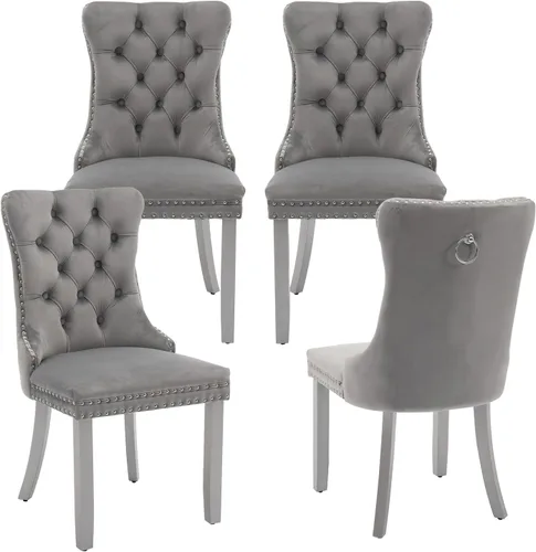 Miniatura 109 de LKTART Juego de 2 sillas de comedor de terciopelo, sillas de comedor copetudas con ribete de anillo de clavo, silla de comedor tapizada con patas