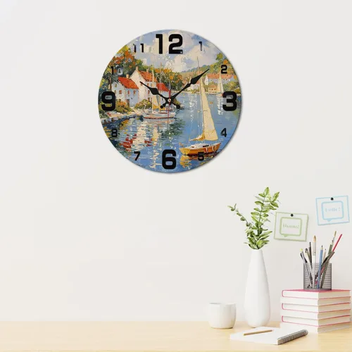 Miniatura 3 de Coastal Harbor Painting Wooden Wall Clock with Nautical Scene 25x25cm