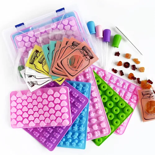 Moldes de silicona para gomitas de oso, 32 unidades, molde antiadherente para dulces de chocolate, 18 formas para 327 dulces, con 4 goteros, cepillo