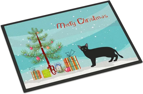 Caroline's Treasures CK4697JMAT - Tapete ruso blanco y negro #1 con diseño de gato feliz Navidad, 24 x 36 pulgadas, tapete para puerta delantera,