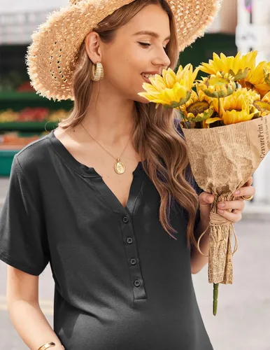 Miniatura 2 de Ekouaer Camisón de enfermería a rayas para mujer, manga corta, vestido de dormir para lactancia materna, partobata de trabajo