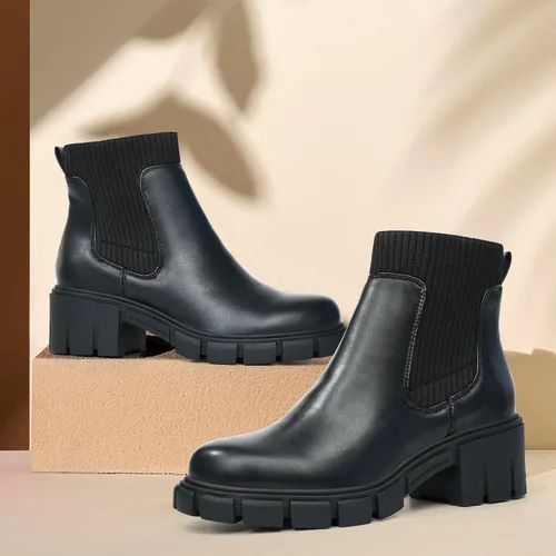 Miniatura 3 de JABASIC Botas de tobillo gruesas para mujer, botas Chelsea elásticas