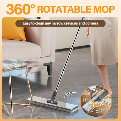 Miniatura 4 de Trapeador plano de microfibra de acero inoxidable de alta calidad para limpieza de suelos, cabezal giratorio de 360°, almohadillas ligeras y Plata