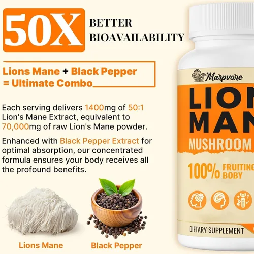 Miniatura 6 de Suplementos cerebrales de potencia 50X para memoria y concentración, cápsulas de suplemento de melena de león de 1400 mg Suplemento cerebral