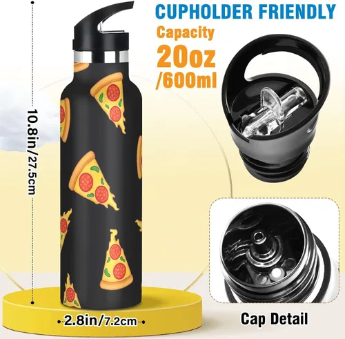 Miniatura 2 de Kids Water Bottle with Straw 20 Oz Water Bottle Insulated for Boys Girls, BPA-Free, Cartoon Slices Pizza Black