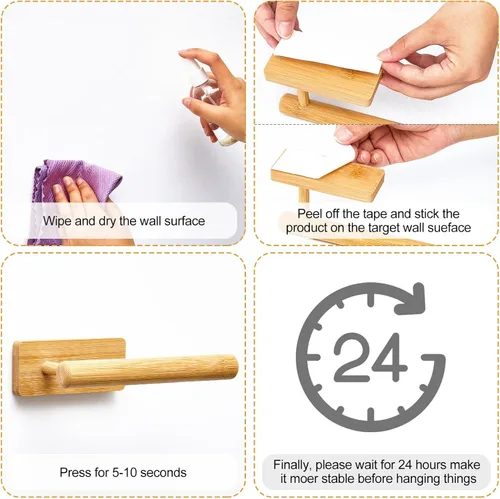 Miniatura 7 de Maxcheck 2 piezas de soporte de bambú para papel higiénico montado en la pared, toallero de madera, soporte para papel higiénico y toallero, juego