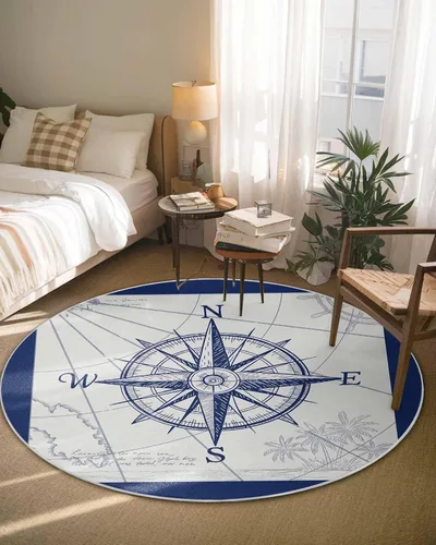 Miniatura 2 de Alfombra redonda de brújula náutica de 6 pies, lavable para dormitorio, cocina, baño, sala de estar, comedor, lavandería, área+alfombra, alfombra