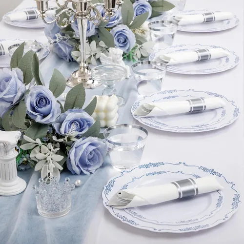 Miniatura 2 de DaYammi 350 piezas de platos de plástico azules y blancos desechables para fiestas, incluyen 50 platos de cena, 50 platos de postre, 50 servilletas