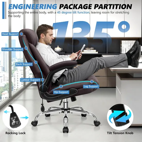 Miniatura 7 de Silla de oficina, silla de escritorio ergonómica grande y alta, silla ejecutiva de cuero para computadora con soporte lumbar ajustable, cómoda silla
