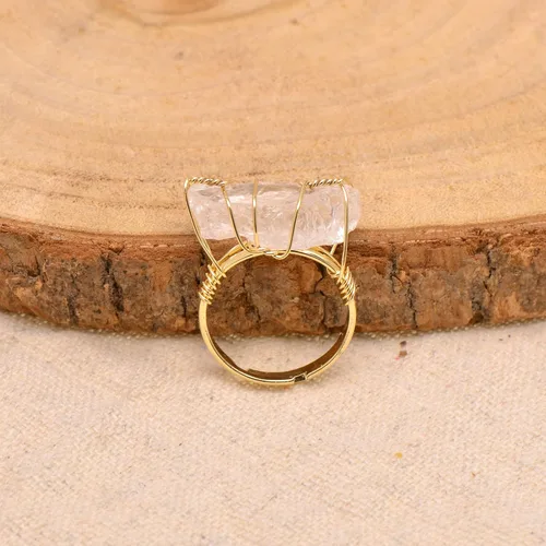 Miniatura 2 de Anillo envuelto en alambre de piedra áspera de cristal natural, tono de oro amarillo Cuarzo Blanco