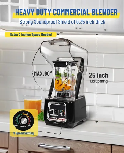 Miniatura 3 de CRANDDI Licuadora profesional para batidos, licuadora silenciosa comercial insonorizada de 2200 W con escudo insonorizado extraíble para triturar