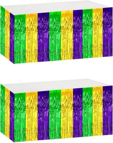 LabZhang Paquete de 2 faldas de mesa con flecos metálicos de Mardi Gras de 29.5 x 72 pulgadas, faldas de mesa de fiesta de Mardi Gras, decoración de