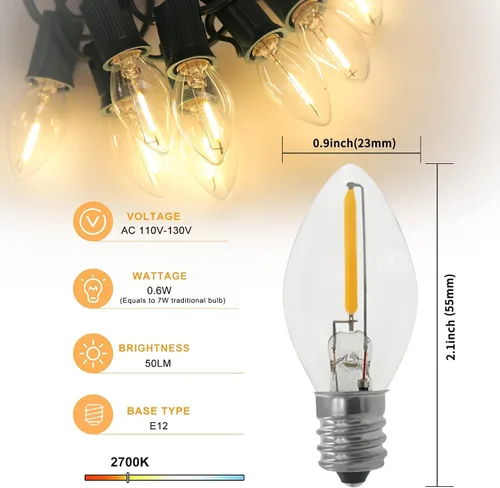 Miniatura 4 de KGC Cable de Accesorios C7 con 2 Bombillas LED C7 Base Candelabro E12 con Casquillo, Cable Blanco con Interruptor de Encendido/Apagado y Enchufes