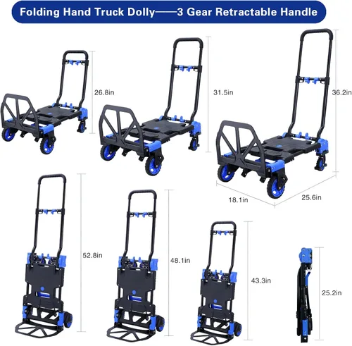 Miniatura 2 de Carro de mano plegable 2-1, carrito de mano de capacidad de 330 libras, carretilla de mano plegable con mango retráctil y 4 ruedas de goma, carrito