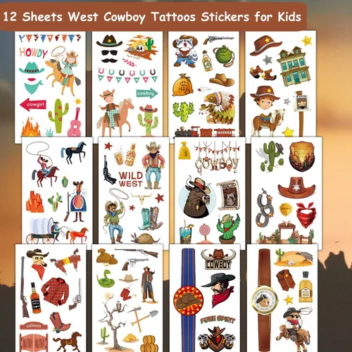 Miniatura 2 de CHARLENT Tatuajes temporales de vaquero para niños, 100 tatuajes temporales de vaquero occidental para niños, regalos de fiesta de cumpleaños