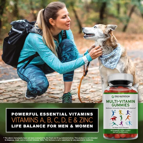 Miniatura 2 de TRIO NUTRITION Gomitas multivitamínicas diarias para hombres y mujeres, sabor a fruta natural con vitaminas esenciales A, B, C, D, E y zinc, sin