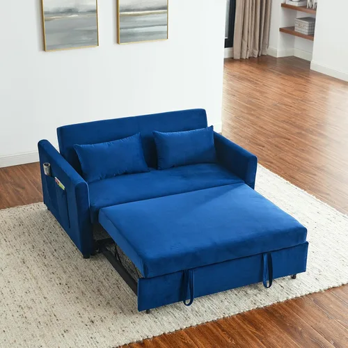 Deolme Sofá cama convertible 3 en 1, moderno sofá biplaza de terciopelo con bolsillos laterales de almacenamiento y almohadas, sofá biplaza pequeño