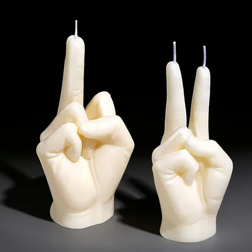 BBTO 2 velas de mano de dedo medio – Gesto de victoria decoración de habitación adolescente – Vela blanca divertida estética para oficina, casa,