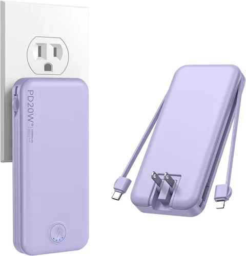 Miniatura 10 de Cargador portátil, 20000 mAh 22.5 W, cargador de energía de carga rápida con cables integrados y enchufe de pared, batería externa USB C con Púrpura
