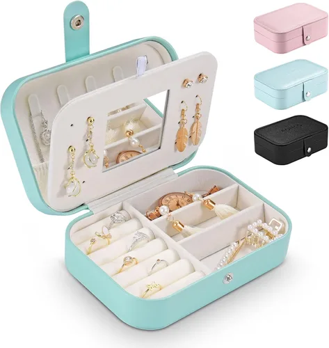 AONCO Joyero, caja de almacenamiento portátil de joyería de viaje, caja de joyería pequeña para mujer, caja de almacenamiento de aretes con espejo,