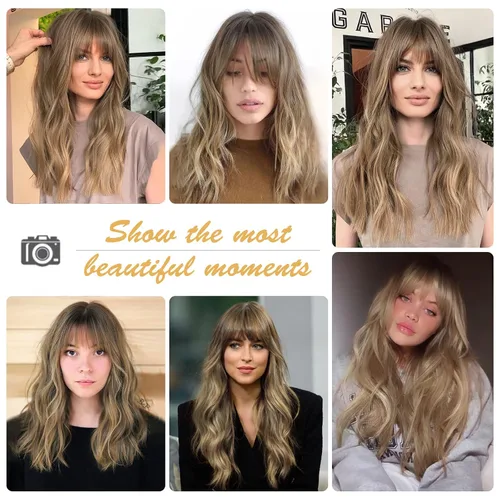 Miniatura 2 de HAIRCUBE Pelucas de color marrón a rubio con flequillo, pelucas sintéticas de cabello rizado, pelucas de cabello largo ondulado natural resistente