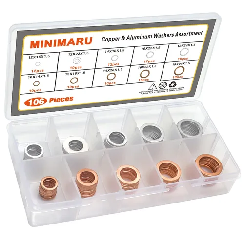 Miniatura 7 de Surtido de 106 piezas de cobre y aluminio Crush Wahser, tapón de drenaje de aceite, surtido de juntas – 0.394 in, 0.472 in, 0.551 in, 0.630 in