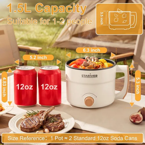 Miniatura 5 de Stariver - Olla caliente eléctrica de 1.5L con doble potencia - Mini olla portátil antiadherente para fideos, sopa, pasta, huevo, avena - Protección